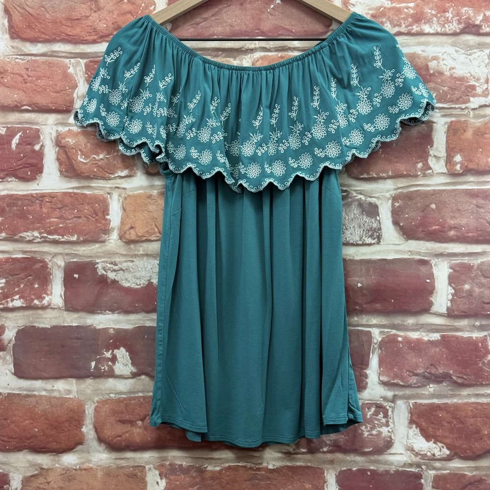 Adrianna Papell Top Women's Medium Blue Boho Floral Embroidered Overlay Shirt